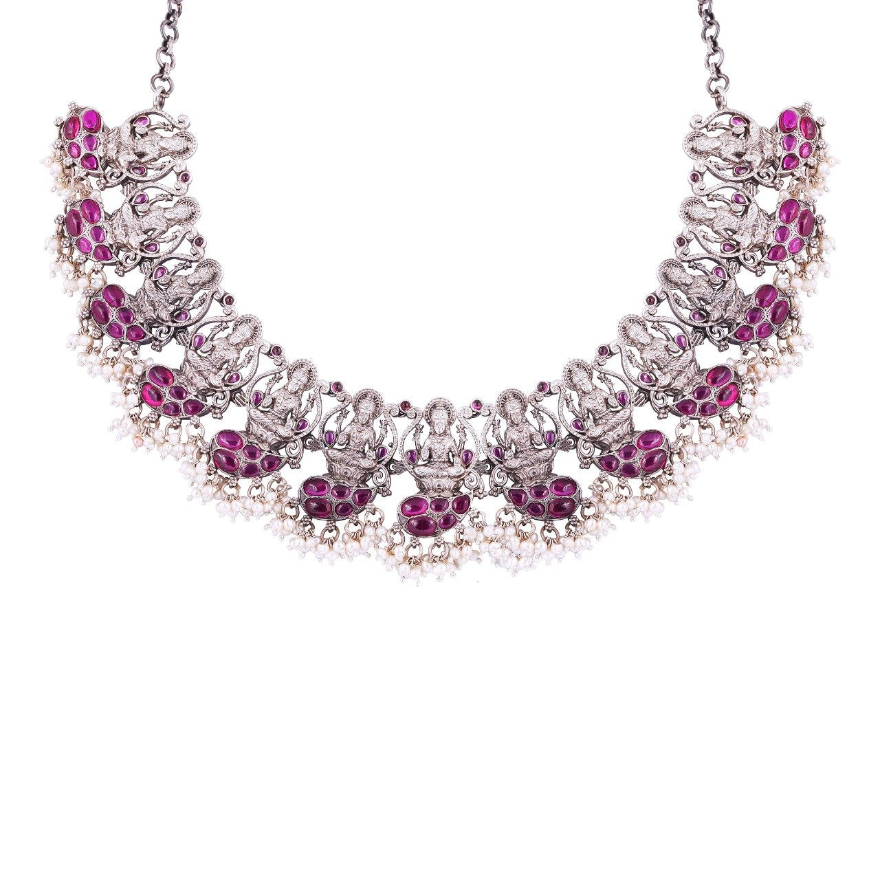 Goddess Lakshmi Pink Stone Silver Necklace_JCSILNC5005
