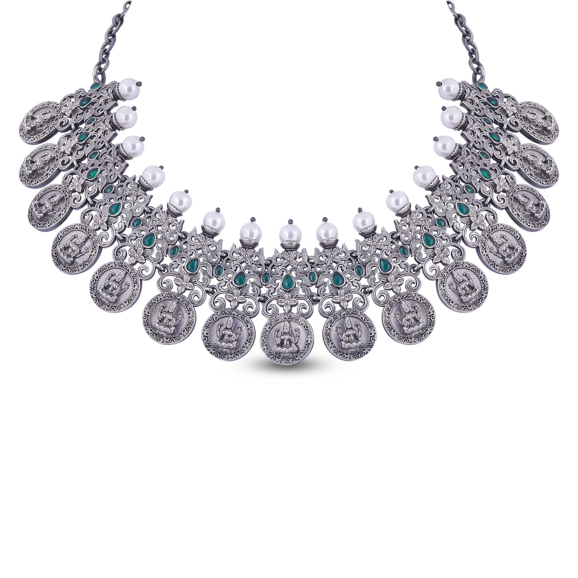 Embellished Coin Goddess Lakshmi Silver Necklace_JSN5024