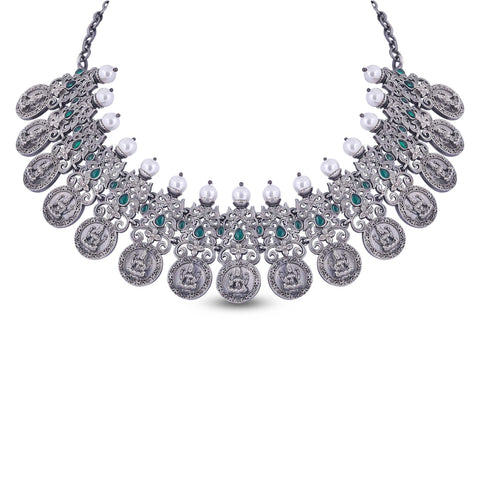 Embellished Coin Goddess Lakshmi Silver Necklace_JSN5024