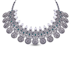 Embellished Coin Goddess Lakshmi Silver Necklace_JSN5024